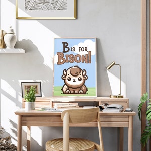 B es para bisonte - Arte del alfabeto imprimible - A2, A3, A4 Decoración educativa de la pared para niños