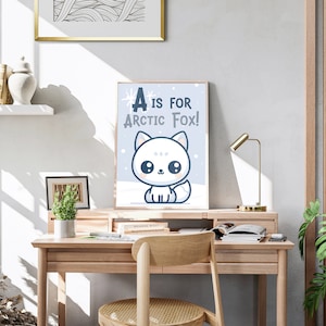 A es para Arctic Fox - A2, A3, A4 Arte de pared del alfabeto animal para niños, cartel Montessori