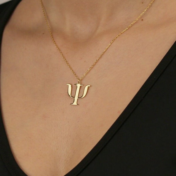 14k Solid Gold Psychology Necklace, Personalized Psychology Pendant, Psi Symbol Jewelry, Dainty Psychiatrist Charm, Psychology Symbol