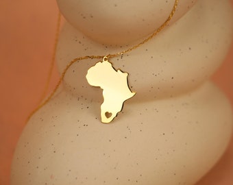 Dainty African Necklace, Africa Pendant, Tiny Gold Africa Pendant, Africa Map Necklace, Gift Africa Necklace with Heart