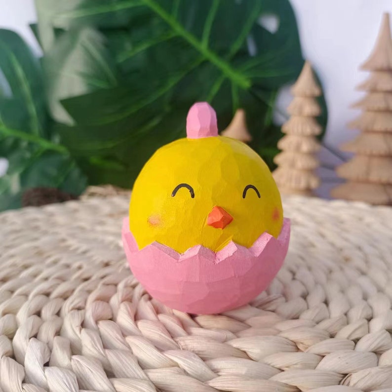 Handmade Wooden Carved Eggshell Chicken, Wooden Doll Ornament, Car Decoration, Cartoon Emoji