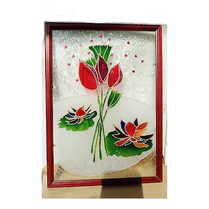 Lotus Stained glass painting Hand painted Wall decor Small size Sun catcher Colorfull painting Reverse painting Glass painting Bright paint