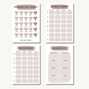 Gewichtsverliestracker met maaltijdplanner, voedingsdagboek en boodschappenlijst - Digitale wekelijkse set met gewichtsverliesgrafieken - afdrukbare set gezonde gewoonten