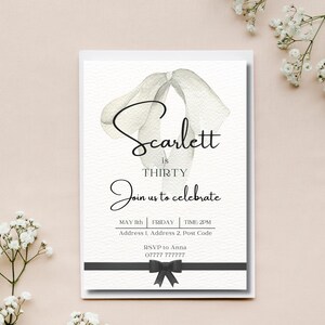 Black Bow Birthday Invitation Template | Editable 30th Birthday Invite | Minimalist Black Ribbon Design | Coquette Black Bow 30th Invitation