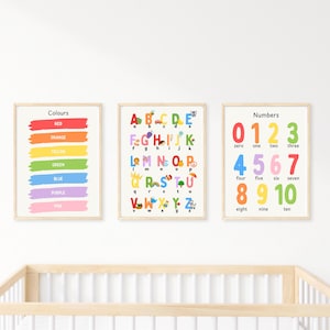 Conjunto educativo de carteles para niños / Arte mural infantil / Alfabeto ABC (números 1 a 3) / Decoración de sala de juegos / Láminas para dormitorio infantil / Educación educativa