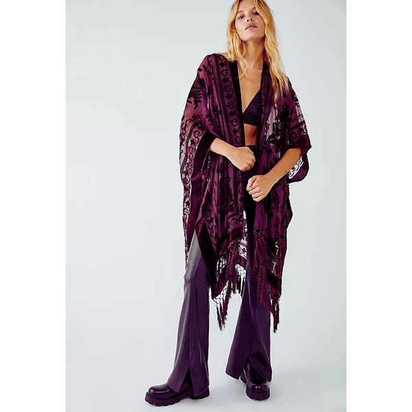 Bohemian Purple Plush Kimono | Women's Long Purple Tassel Beach Cover-up | Holiday Casual Cardigan Shawl