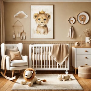 Baby Lion Wall Art Print – Safari Nursery Decor, Crowned Lion Cub Poster for Kids Room, Neutral Animal Print for Jungle Themed Nursery