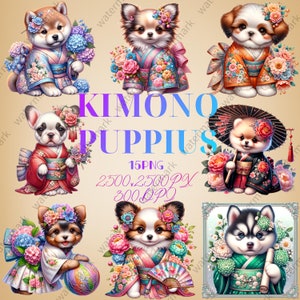 Clipart van schattige puppy's in fantastische kimono Illustraties van een schattige puppy die een fantastische kimono draagt