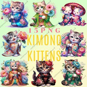 schattige katjes in fantastische kimono's Illustraties van schattig katje dat een fantastische kimono draagt