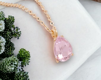 Emerald Pink Necklace, October Birthstone Pendant, Gold Filled Tourmaline Necklace, Tiny Rose Beryl Teardrop Emerald Choker Necklace