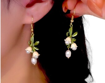 Lily of the Valley Earrings, Flower Dangle Earrings, Orchid White Fairy Floral Earrings, Bell Bubble, Gift for her, Pink Lily of the Valley