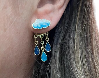 Unique Cloud Earrings Rain Drop Dangle, White/Dark Blue/Blue Raindrop Gem Bridesmaid Jewelry, Gift for Her, Celestial, Weather Themed