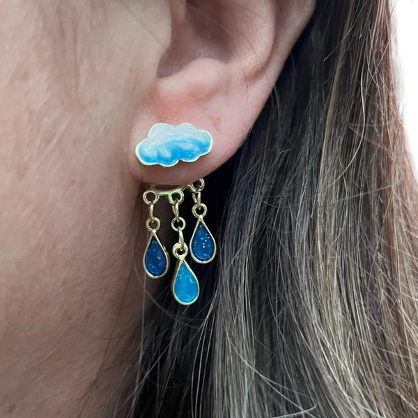 Einzigartige Wolken Ohrringe Regen Tropfen Baumeln, Weiß / Dunkelblau / Blau Regentropfen Gem Brautjungfer Schmuck, Geschenk für sie, Celestial, Weather Themed