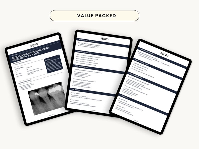 May include: Three black tablets displaying dental radiography information, including X-ray images and text. The tablets are arranged at an angle against a white background. The text "VALUE PACKED" is at the top.