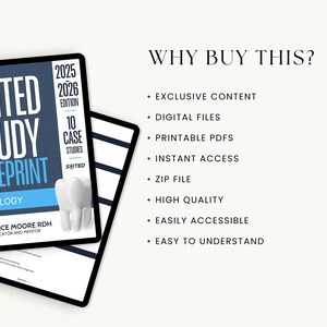 May include: A digital study guide titled "SUITED STUDY BLUEPRINT" for radiology, featuring a 3D tooth model. The guide includes the text "2025-2026 Edition" and "10 Case Studies". The text "RADIOLOGY" and the author's name are also visible.
