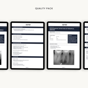 May include: Four black tablets displaying dental radiography information. The tablets show text and x-ray images of teeth. The text includes the words "QUALITY PACK", "IDENTIFICATION OF LANDMARKS - MAXILLARY SINUS", and "RADIOGRAPHIC DETECTION OF PERIAPICAL ABSCESS".