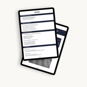 May include: Two black tablets with white screens displaying text. The top tablet shows the word "SRITED" at the top and lists medical information. The second tablet is partially visible, showing more text and a black and white image.