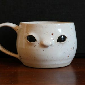 Handmade White Speckled Face Mug – Quirky Ceramic Mug with Sculpted Character