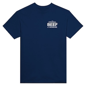 May include: A navy blue t-shirt with white text that reads "THE ORIGINAL BEEF of CHICAGOLAND".