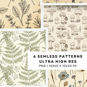 Puede incluir: Seis patrones sin costuras con ilustraciones botánicas, incluyendo hierbas, setas y flores, en un estilo vintage. Los patrones son en blanco y negro o tonos sepia. El texto "6 SEMLESS PATTERNS ULTRA HIGH RES" es visible.