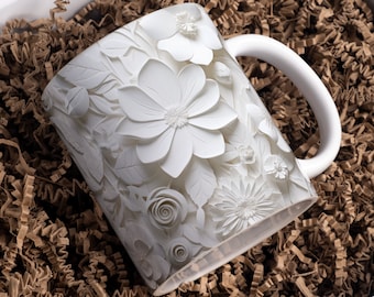 3D White Flowers Mug Wrap Sublimation Design (Digital Download)
