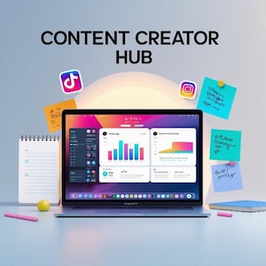Op de afbeelding: Een laptop met datagrafieken, met de tekst "CONTENT CREATOR HUB" bovenaan. De afbeelding bevat social media-iconen, plakbriefjes, een notitieblok, een pen en een kleine gele vrucht. Het laptopscherm toont een kleurrijke interface.