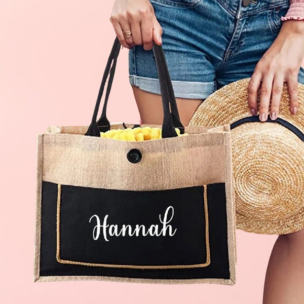 Personalized Jute Lunch Bag with Name, Eco Friendly Office Bag, Teacher Bag, Tote Bag With Pocket , Shopper Bag, Beach Wedding Woman Bag