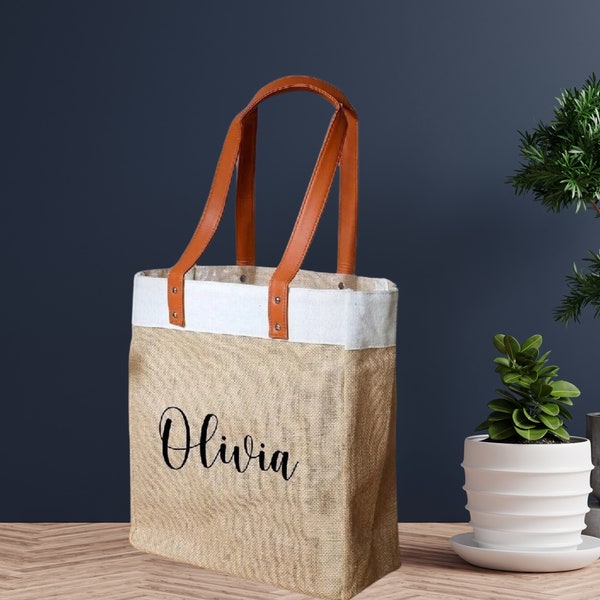 Personalised Jute Shopper Custom Text Logo Bag Holiday Bag With Leather Handles