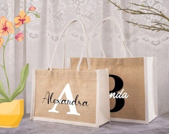 Holiday Jute Tote Bag, Shopping Bag, Personalized Name Bag, Custom Travel Bag, Beach Burlap Bag, Lunch Bag, Tote Bag With Initial Name