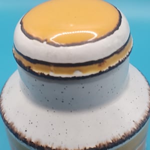 May include: A ceramic jar with a lid. The lid is a solid orange color with a dark brown border. The jar has a white body with speckled detailing and horizontal bands of orange and brown. The jar is set against a blue background.