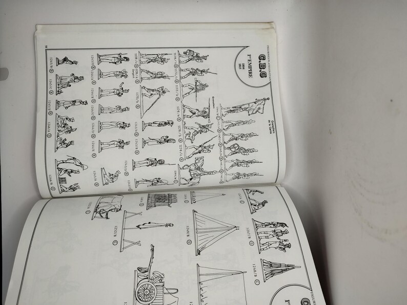 May include: A black and white illustrated guide to toy soldiers, featuring a variety of poses and formations. The guide includes a title page with the text "G.B.G. 1st Empire 1804-1815".