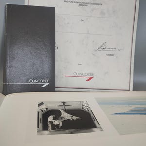 Concorde z Londynu do Nowego Jorku, zabytkowy dokument, etykieta na bagaż, certyfikat, menu, lista win i wiele więcej