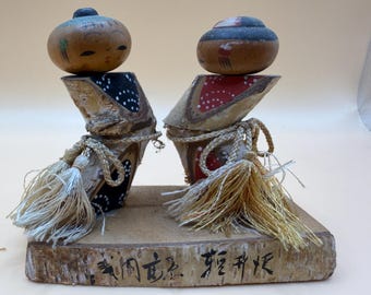 Vintage kokeshi Japanese dolls we are friends 1927