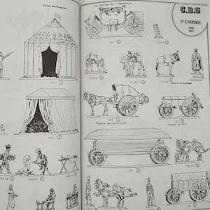 May include: A black and white illustration of a set of toy soldiers and carriages from the Napoleonic era. The image includes a variety of figures, including soldiers, horses, and carriages. The text on the page reads "C.B.G. 1st Empire 1804 1815".