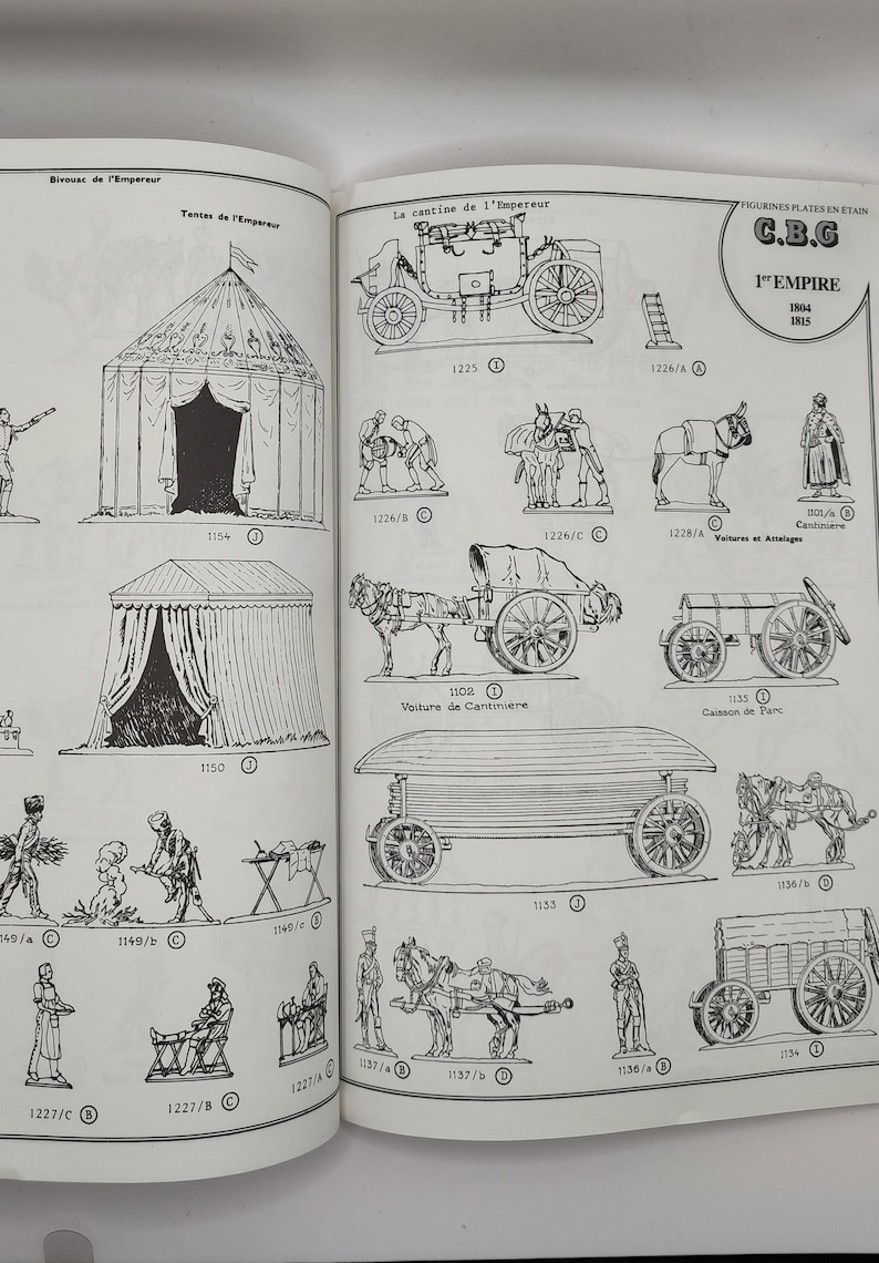 May include: A black and white illustration of a set of toy soldiers and carriages from the Napoleonic era. The image includes a variety of figures, including soldiers, horses, and carriages. The text on the page reads "C.B.G. 1st Empire 1804 1815".