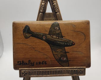 World War 2 Trench Art cigarette box made from wood with a painted RAF Spitfire - possibly POW