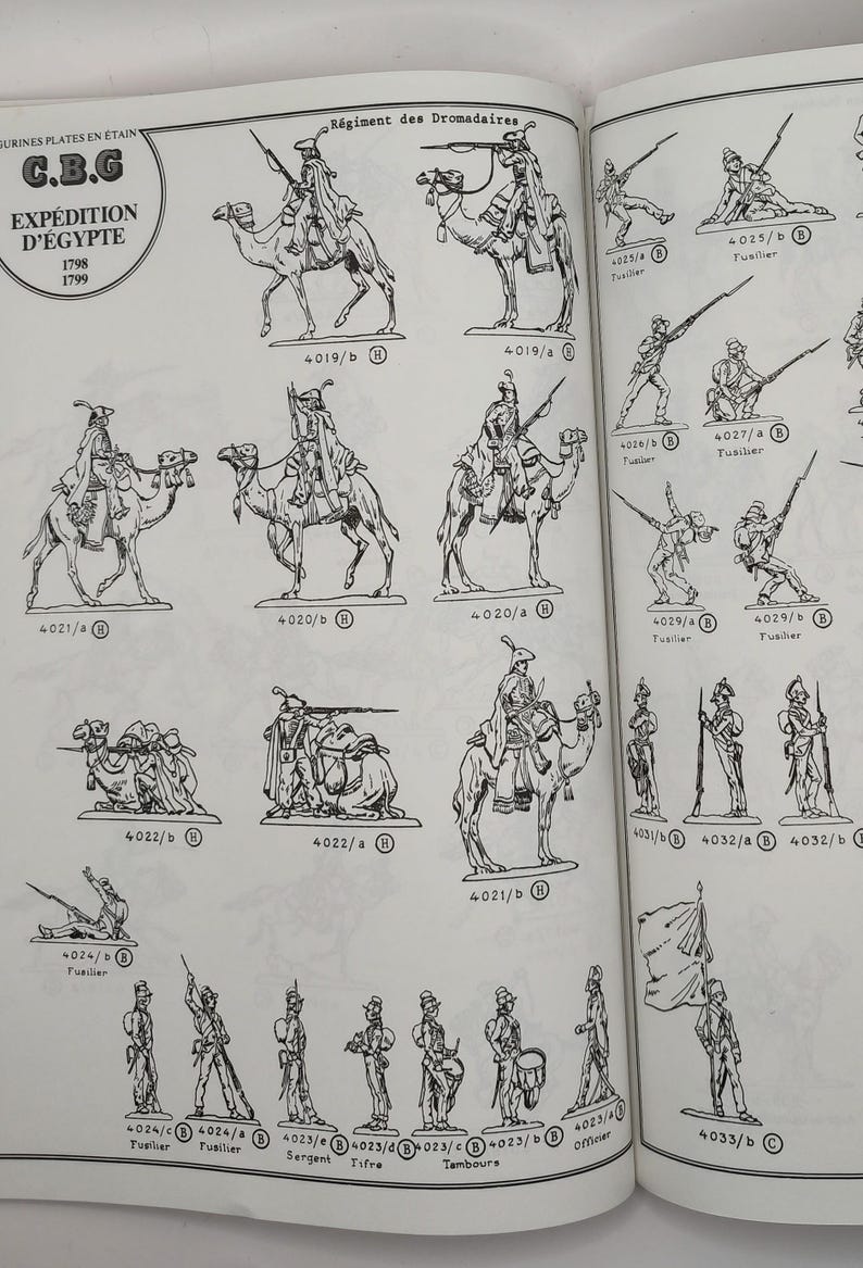 May include: A black and white illustration of a set of toy soldiers from the C.B.G. Expedition d'Egypte collection. The soldiers are depicted in various poses, including standing, kneeling, and riding camels. The illustration includes the text "R&eacute;giment des Dromadaires" and the numbers 4019/b, 4019/a, 4021/a, 4020/b, 4020/a, 4025/b, 4025/a, 4026/b, 4027/b, 4029/b, 4029/a, 4022/b, 4022/a, 4021/b, 4024/b, 4024/c, 4024/a, 4023/c, 4023/b, 4023/a, 4033/b, 4032/b, 4032/a, 4031/b.