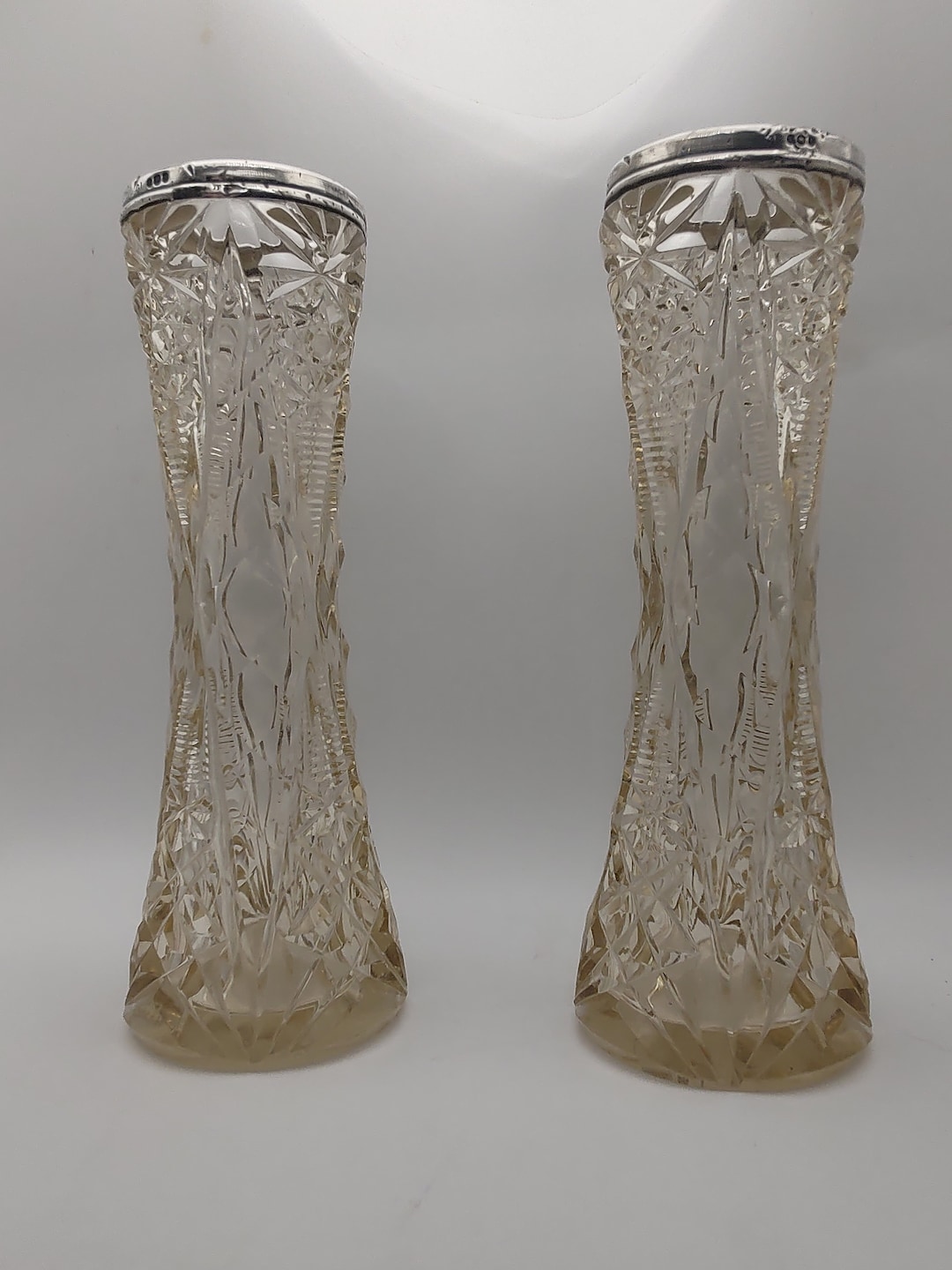 Pair of Cut Glass Vases With Hallmarked 1919 London Silver Rims - 21cm ...