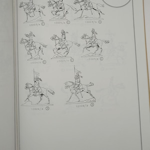 May include: Black and white line drawings of toy soldiers on horseback. The soldiers are wearing uniforms and holding weapons. The drawings are labeled with numbers and letters. The text "Dragons" is at the top of the page. The text "C.B.G. GUERRE 1914-1918" is at the top right of the page.