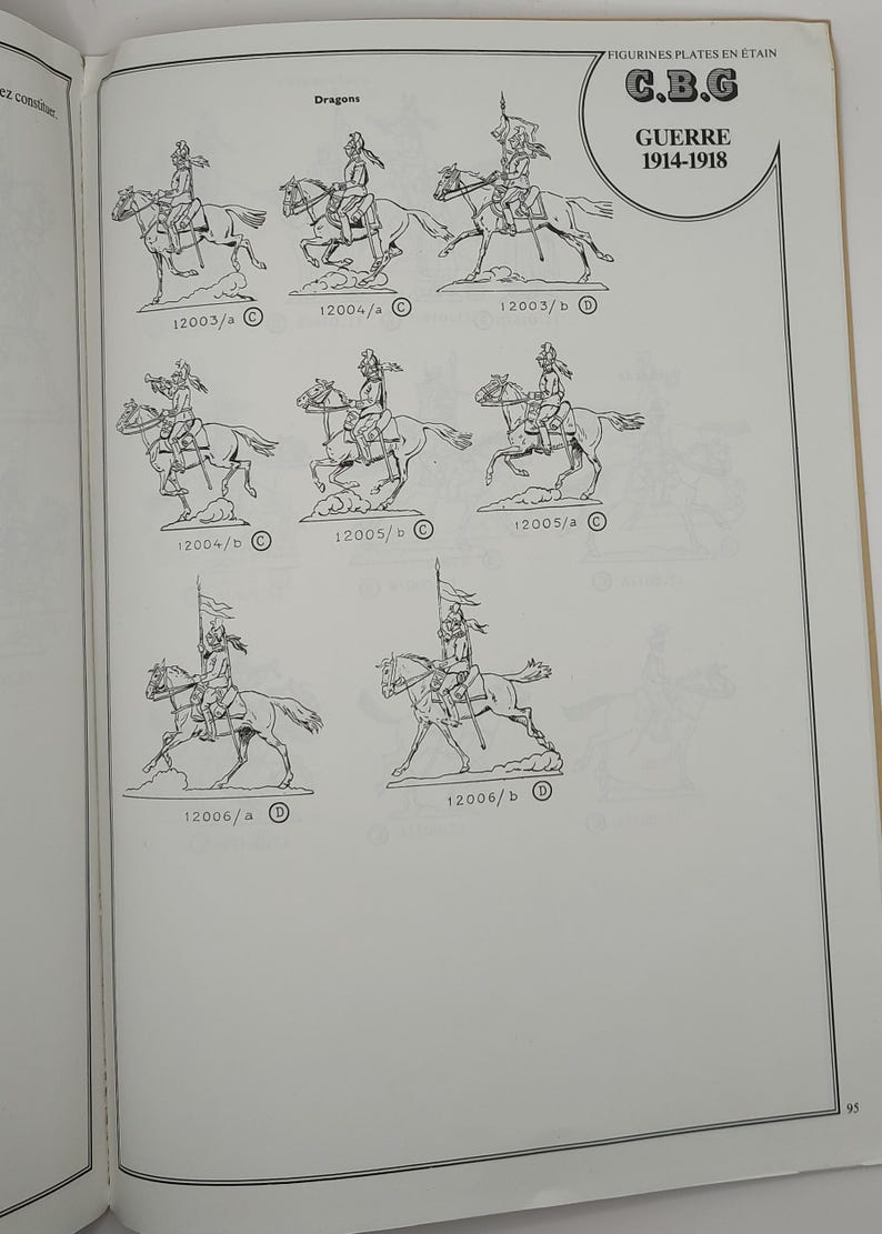 May include: Black and white line drawings of toy soldiers on horseback. The soldiers are wearing uniforms and holding weapons. The drawings are labeled with numbers and letters. The text "Dragons" is at the top of the page. The text "C.B.G. GUERRE 1914-1918" is at the top right of the page.