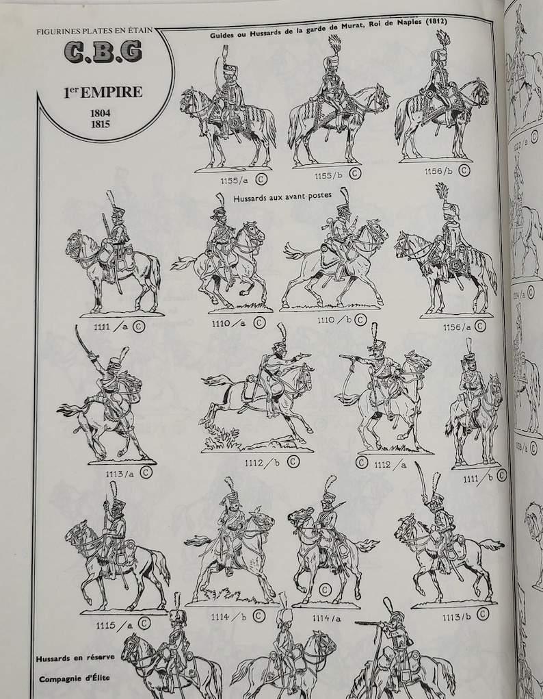 May include: Black and white line drawings of historical military figures on horseback. The figures are wearing uniforms and hats. The drawings are labeled with numbers and descriptions. The title of the page is "C.B.G. 1er EMPIRE 1804 1815" and "Guides ou Hussards de la garde de Murat, Roi de Naples (1812)".