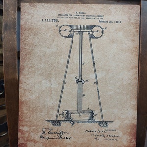 May include: A black and white illustration of Nikola Tesla's patent for an apparatus for transmitting electrical energy. The patent number 1,119,732 is visible at the top of the image. The patent was filed on January 18, 1901 and patented on December 1, 1914.