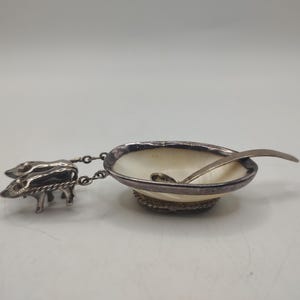 Stirling Silver Salt Buffalo Pulling A Cart Parelmoer schaal en lepel antiek