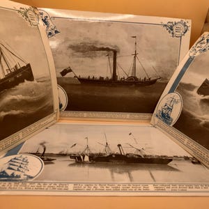 May include: Four vintage postcards featuring black and white illustrations of ships on the water. The postcards are in various states of wear and tear, with some showing signs of age and fading. The text on the postcards is difficult to read, but it appears to be related to the ships and their history.
