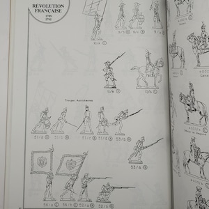 May include: A black and white illustration of a set of toy soldiers from the French Revolution. The soldiers are depicted in various poses, including standing, marching, and firing muskets. The illustration includes flags and other details.