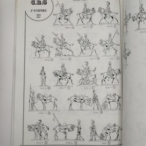 May include: A black and white illustration of a set of toy soldiers on horseback. The soldiers are wearing helmets and carrying swords. The image includes the text "C.B.G 1st Empire 1804 1815".