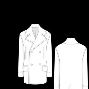 May include: A white double-breasted coat with a notched lapel and two rows of buttons. The coat has two front pockets and a back vent. The image shows both the front and back views of the coat.
