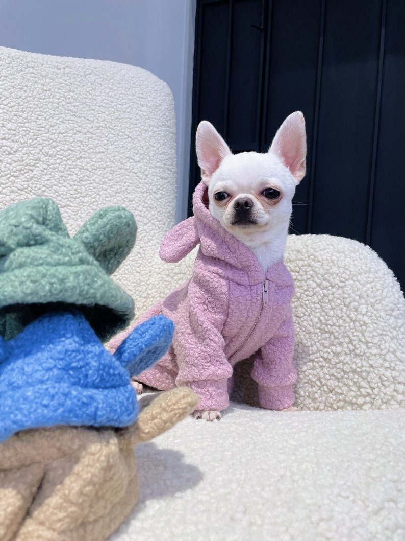 Fleece Zipup Dog Jacket With Cute Bear Ears Made of Wool, Beige Dog