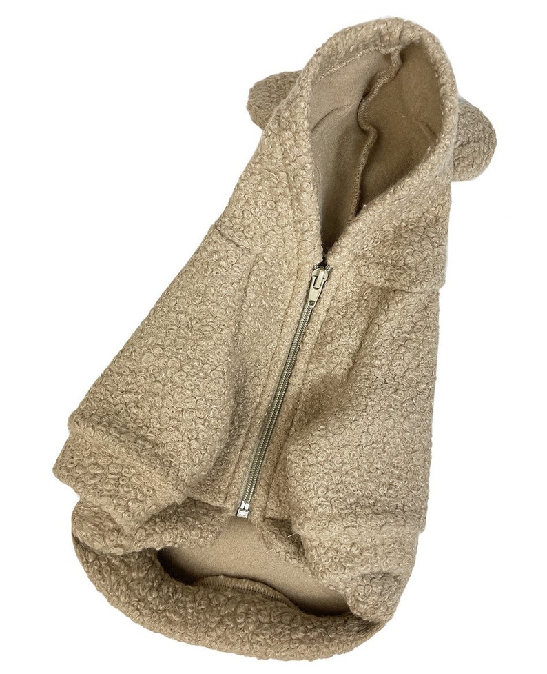 Fleece Zipup Dog Jacket With Cute Bear Ears Made of Wool, Beige Dog