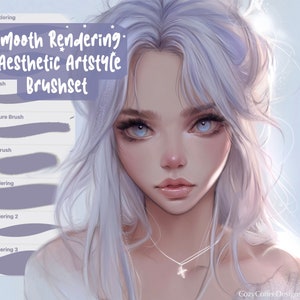 以下が含まれることがあります： 白い長い髪をした女性のデジタルイラスト。画像はデジタルアーティスト向けのブラシセットのプロモーショングラフィックです。画像のテキストは「Smooth Rendering. Aesthetic Artstyle Brushset」です。